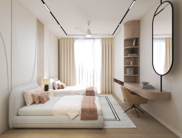 Private Villa Amalfi guest bedroom one with twin cream boucle beds organic curved wood accent detailing warm wood dresser wall mounted display shelving mirror and balcony access Jumeirah Bay Island Dubai