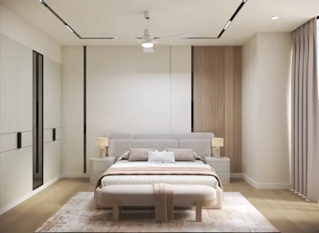 Private Villa Amalfi master bedroom with cream upholstered bed panelled headboard wall wardrobe composition warm oak fluted accent and layered lighting Jumeirah Bay Island Dubai