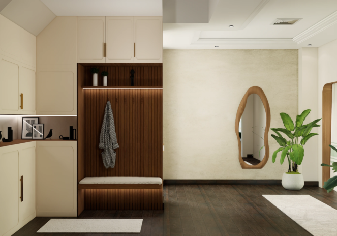 Project Calmwood foyer alternate view with wall panelling console styling and considered plant composition