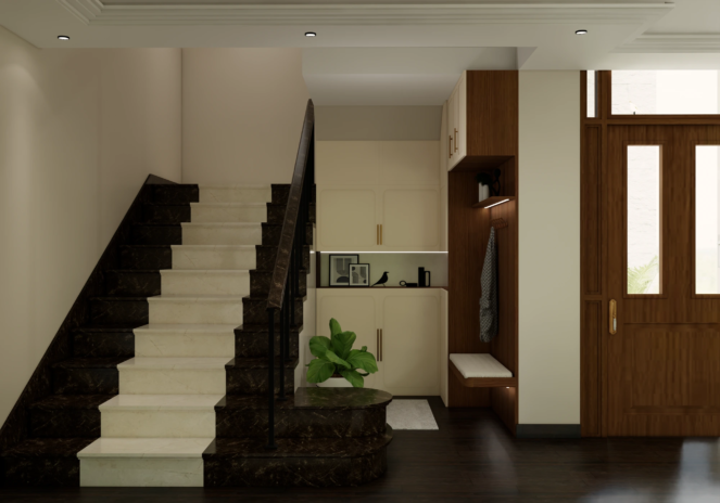 Project Calmwood foyer angle with organic wood mirror natural textures and warm neutral palette