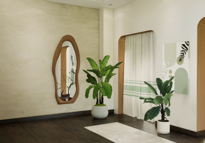 Project Calmwood foyer perspective with textured accent wall and calming entry composition