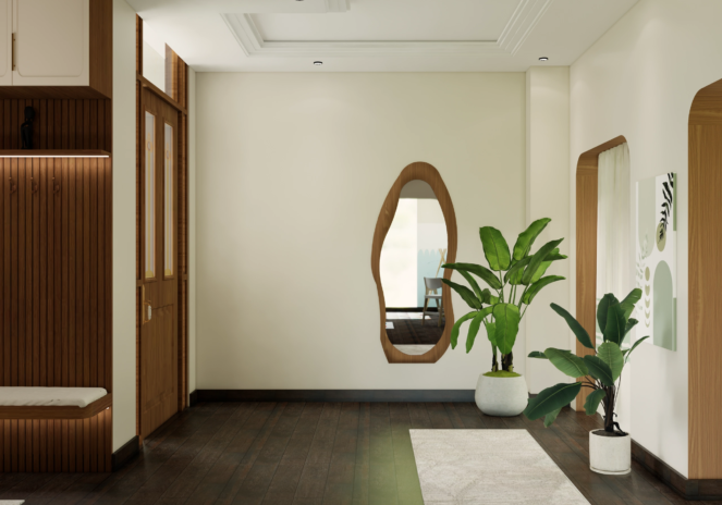 Project Calmwood foyer area with textured limewash wall organic wood mirror layered planting and warm oak flooring Al Baraha Ghadeer Al Tair Dubai