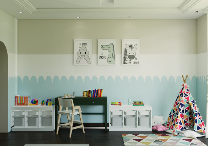 Project Calmwood kids room angle with scalloped wall detail storage cubes and teepee reading corner