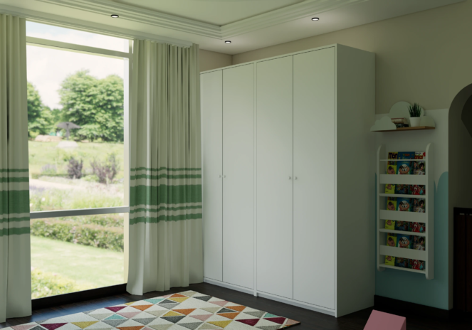 Project Calmwood kids room perspective with sage cream palette and calm playful atmospheric composition
