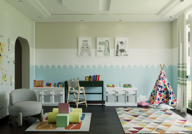 Project Calmwood kids room with sage and cream palette scalloped wall detail playful animal wall art storage cubes and teepee reading corner Al Baraha Ghadeer Al Tair Dubai