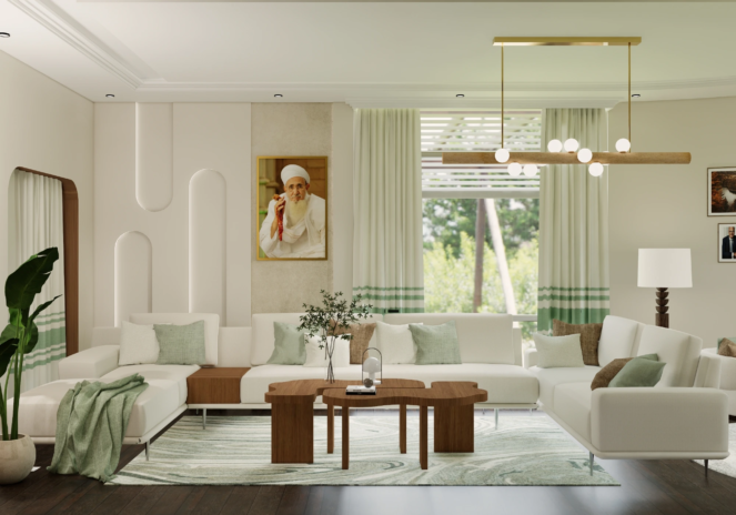 Project Calmwood living room alternate view with horizontal brass lighting and soft green accent palette