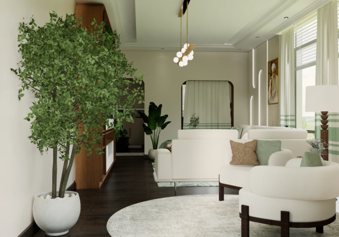 Project Calmwood living room angle with panelled walls arched wall reliefs and cream neutral palette