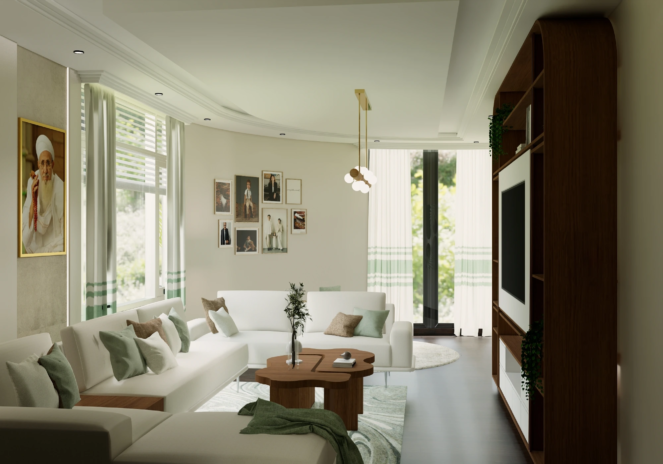 Project Calmwood living room perspective with boucle seating warm wood media wall and layered atmospheric lighting