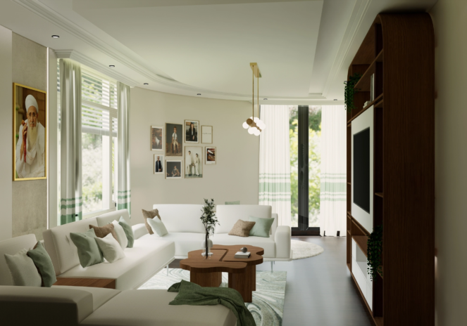 Project Calmwood living room with L shaped boucle sofa nested organic wood coffee tables warm oak media wall with integrated vertical planter Al Baraha Ghadeer Al Tair Dubai