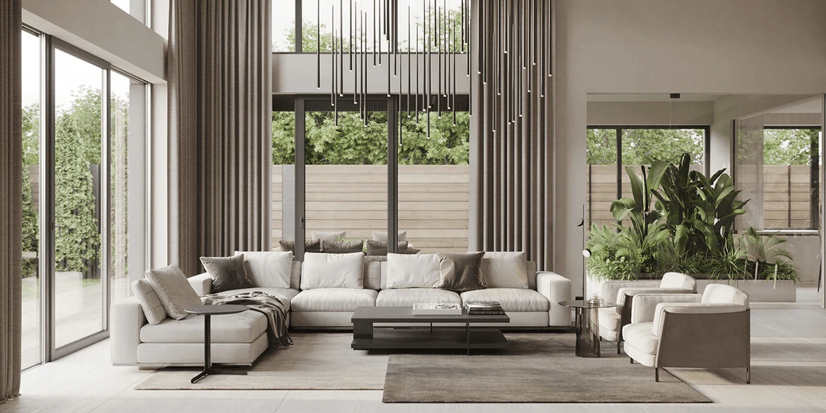 quiet luxury interior design in a Dubai villa living room with travertine and walnut