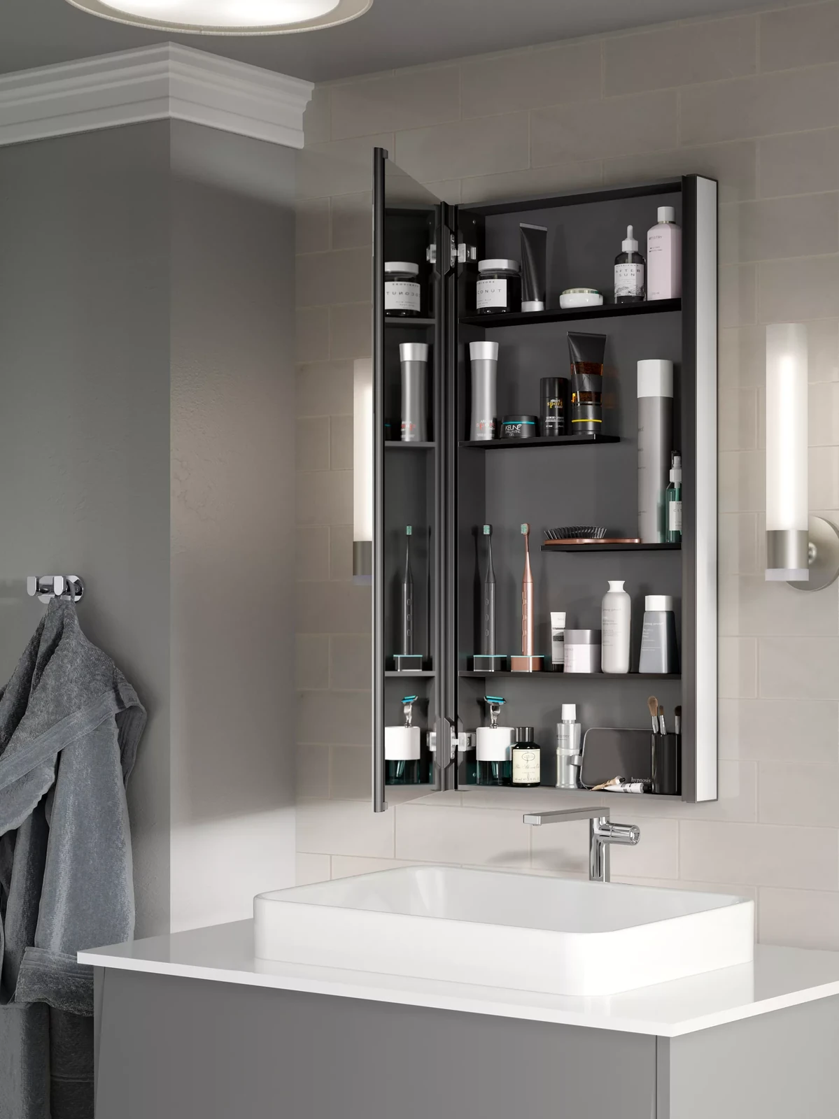 bathroom remodel ideas with a recessed mirrored cabinet for hidden storage