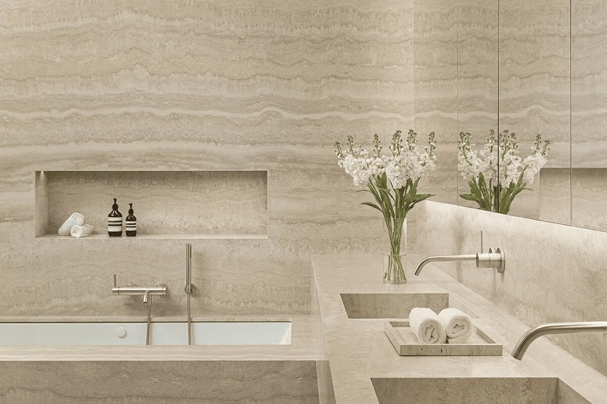 bathroom remodel ideas with a recessed storage niche built into the wall