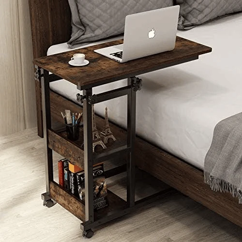 dorm room space saving ideas with a slim rolling cart beside the desk