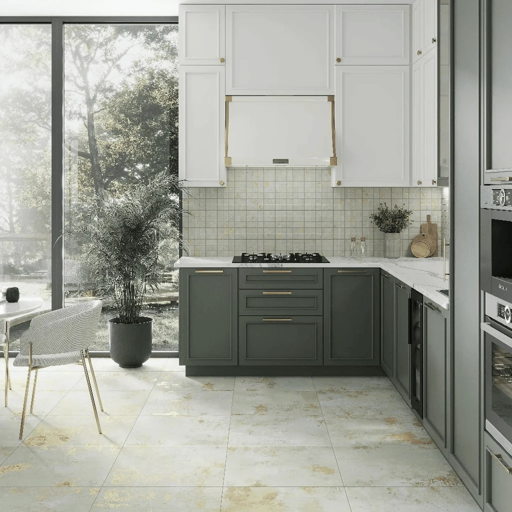 calm a busy floor pattern with broad limestone tiles sage green kitchen