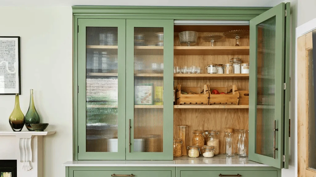 interrupt a long sage cabinet run with reeded glass