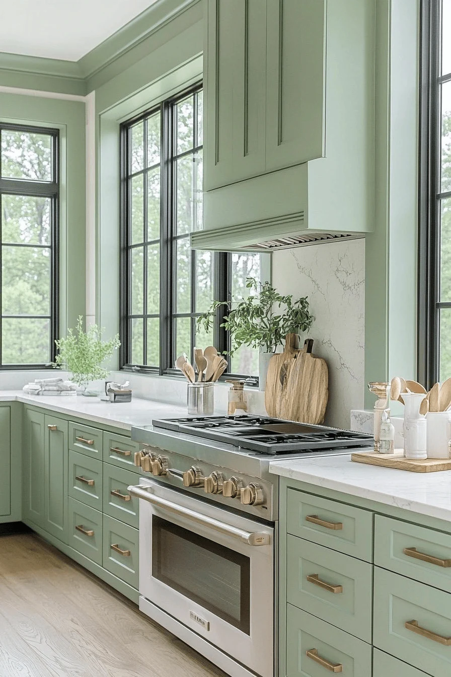 make a range cooker feel part of the sage cabinet wall