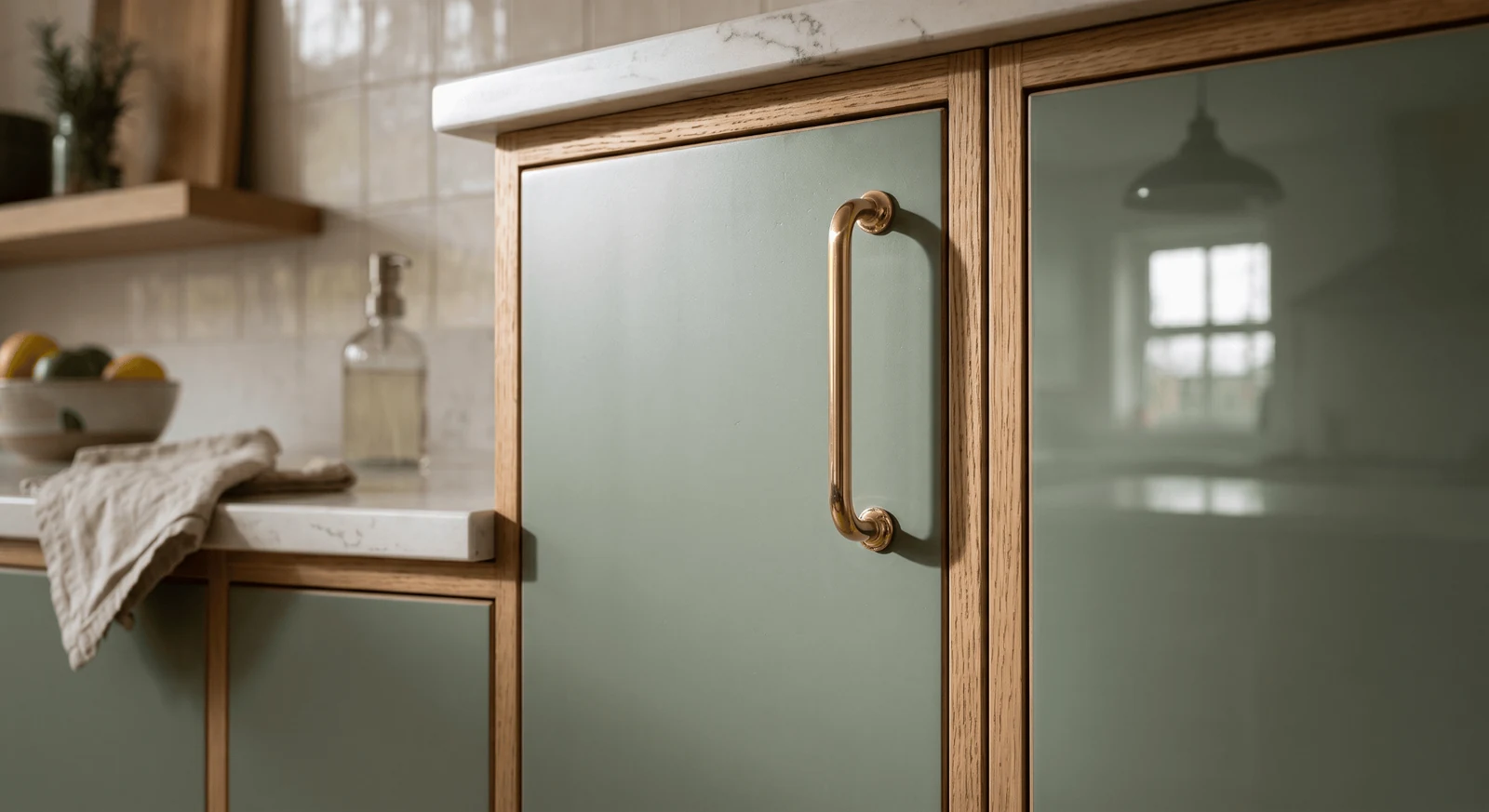 outline flat sage laminate doors with a timber edge