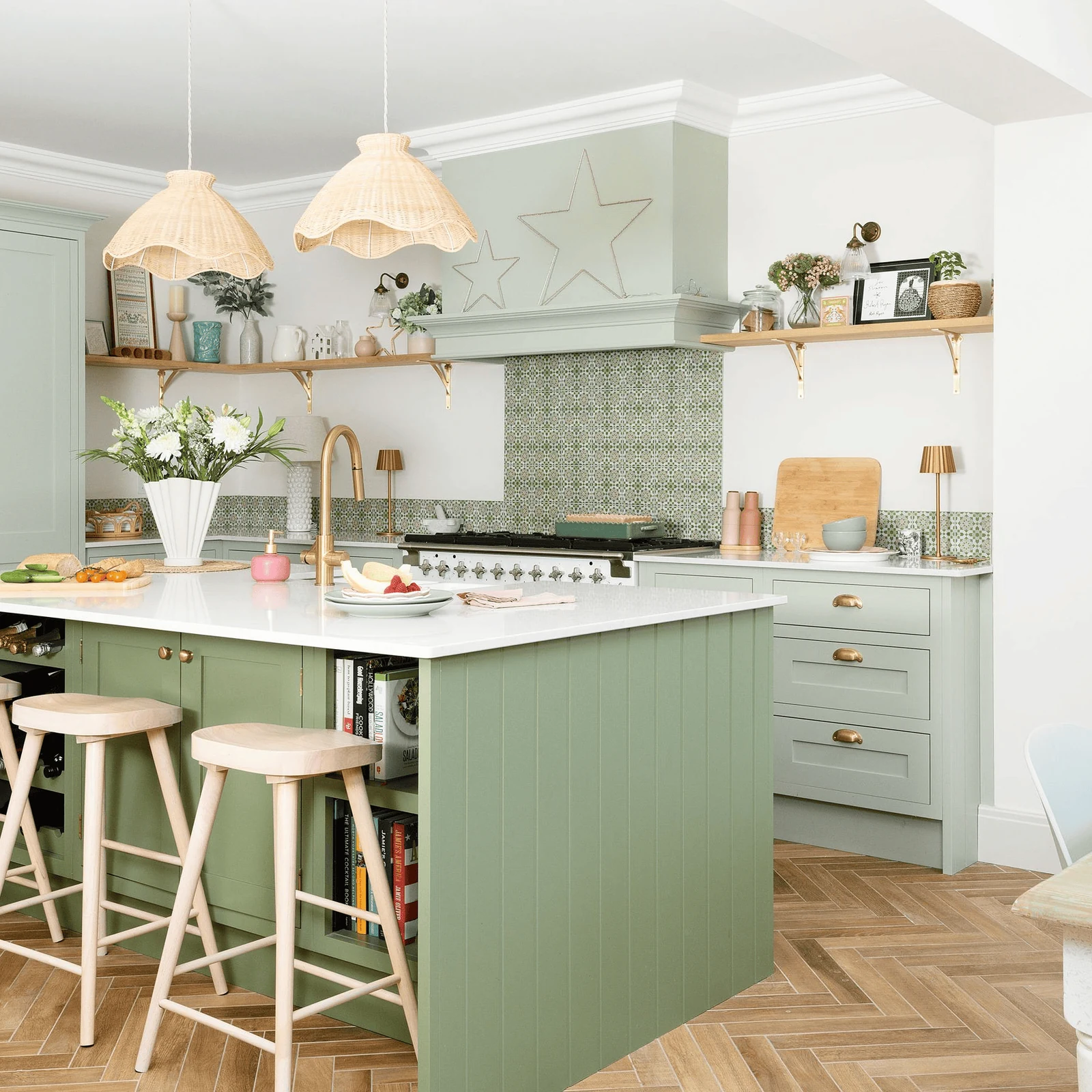put the warm metal in one copper sink sage green kitchen