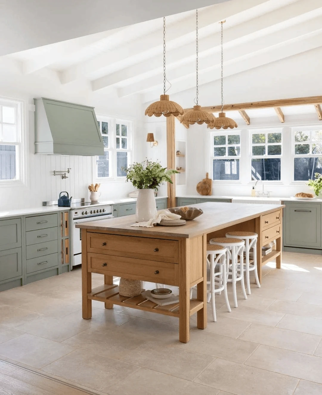 replace five small wood accents with timber pendants sage green kitchen