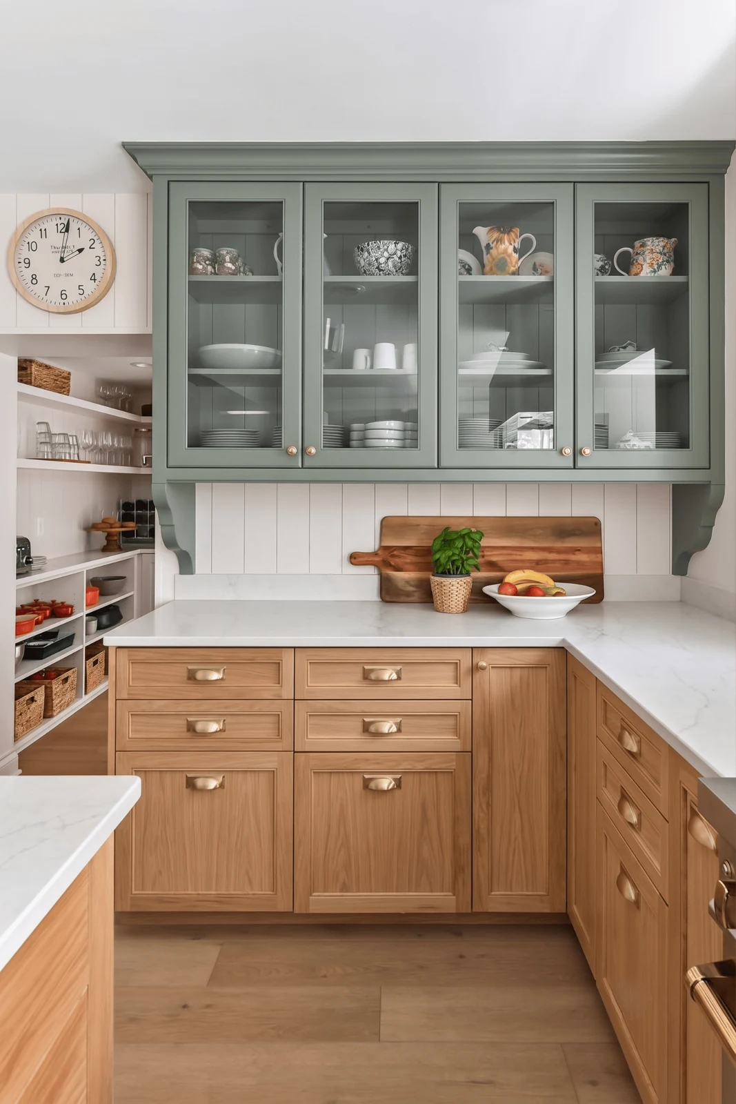 reverse the two tone kitchen with sage cabinets on top