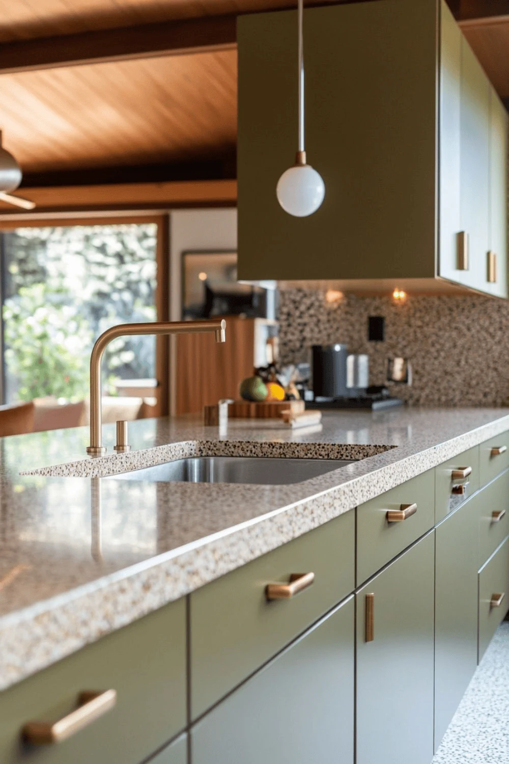 swap another pale marble worktop for speckled terrazzo sage green kitchen