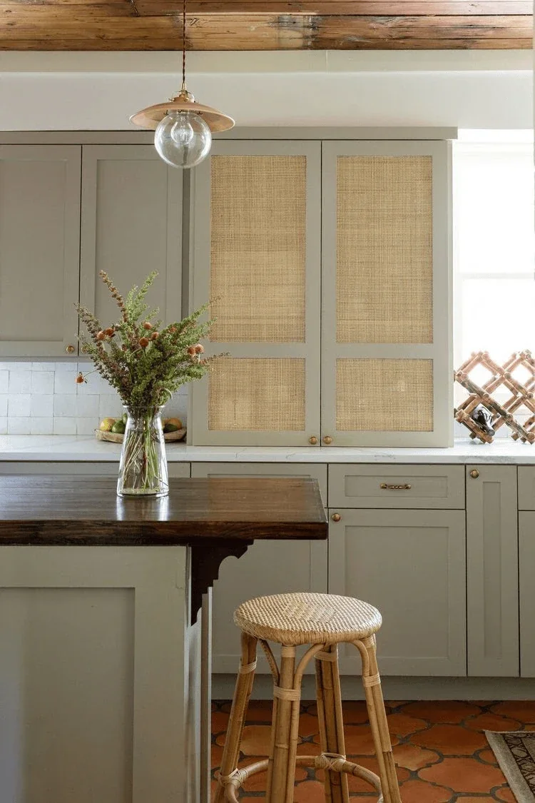 use cane when another oak shelf feels repetitive sage green kitchen