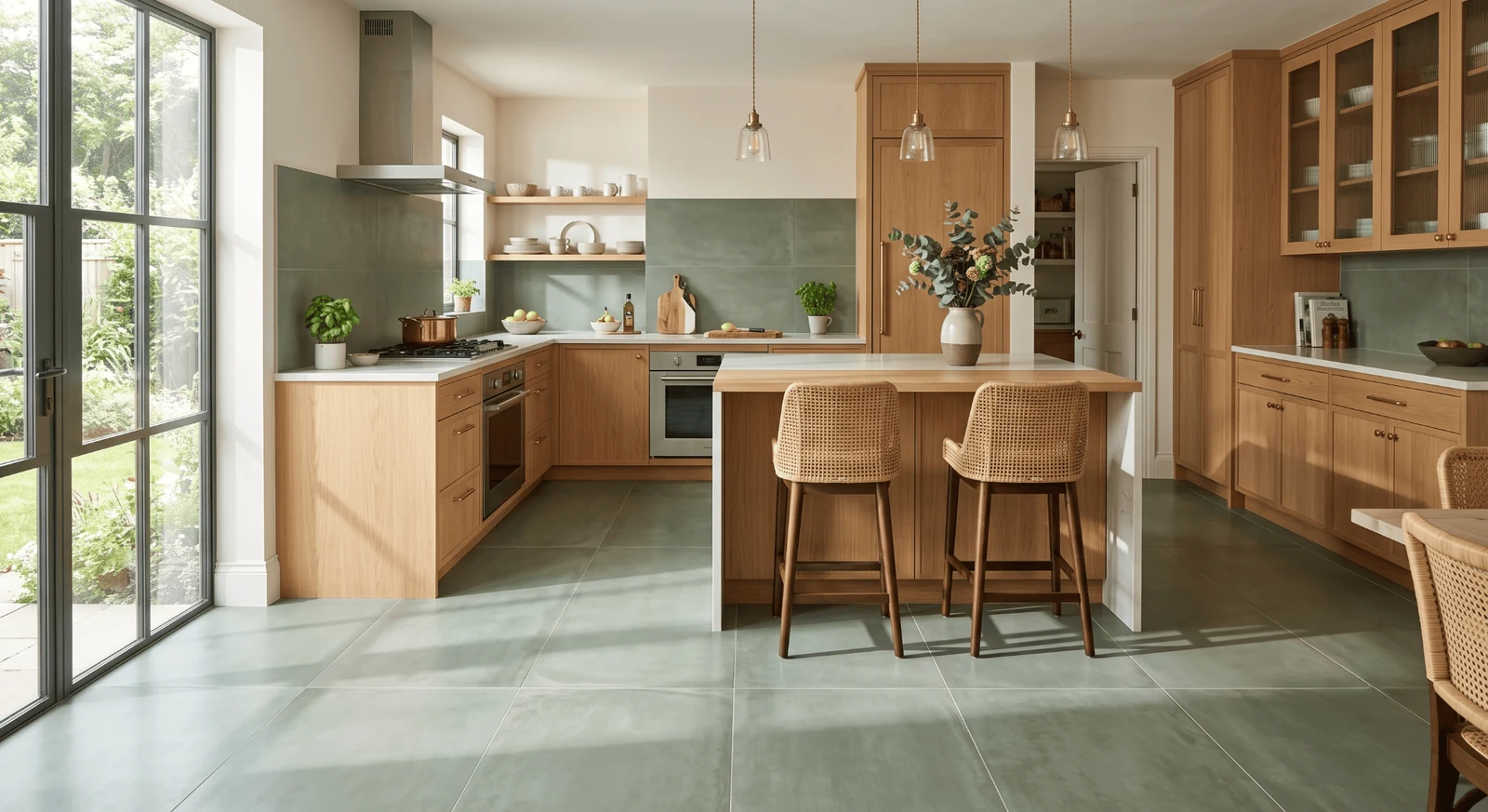 use large format porcelain when the grout grid feels busy sage green kitchen