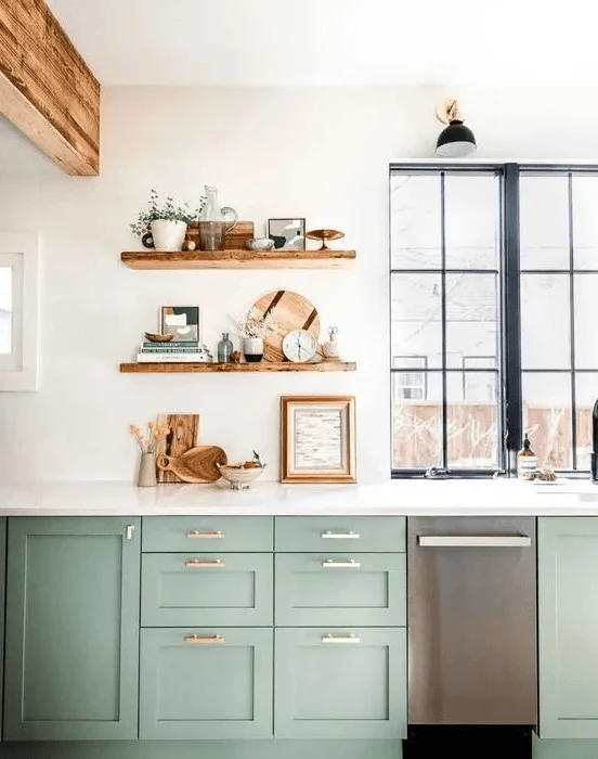 use one black framed interior window instead of black everywhere sage green kitchen