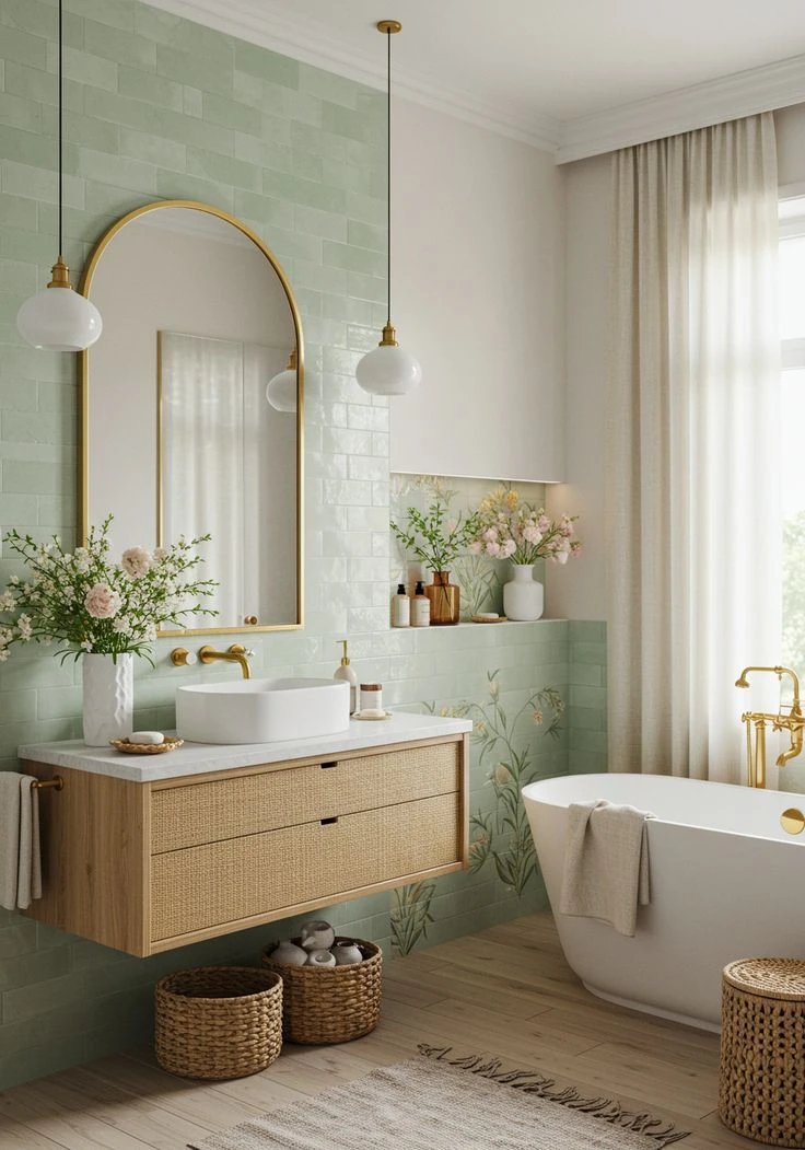 tile combo for bathroom with sage green wall tiles a neutral floor and a rattan vanity