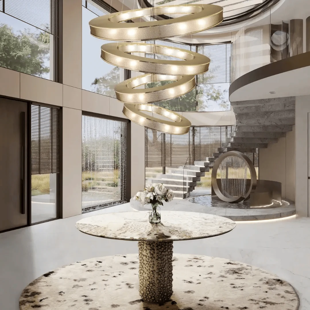 grand foyer design with a large scale light fixture anchoring the entrance