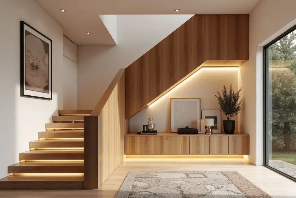 scandinavian light wood stair railing for a calm interior