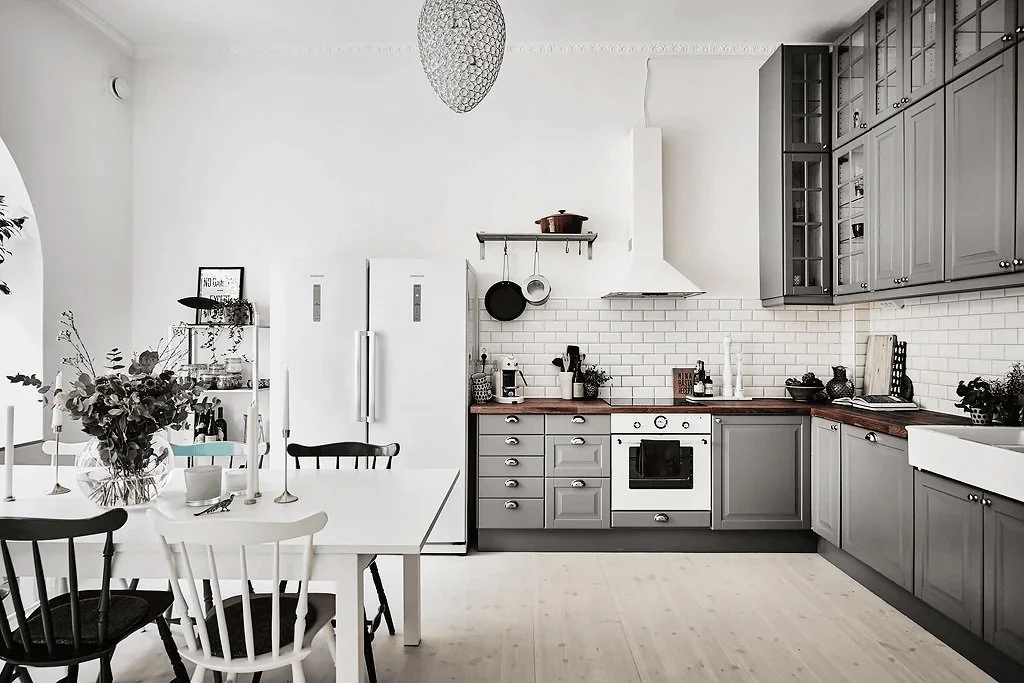 Scandinavian monochrome modern open kitchen interior design by Euphoria Interiors Dubai