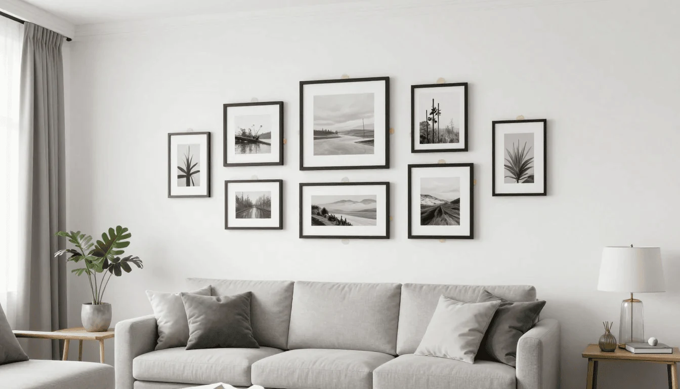 six frame grid gallery wall above a living room sofa