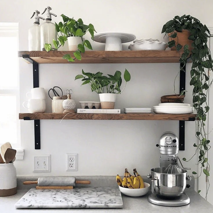 sleek warm wood shelves for kitchen