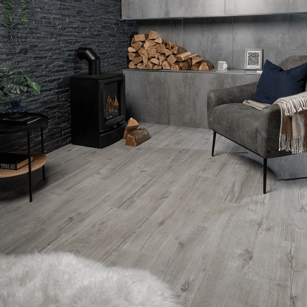 soft grey flooring tiles making a small living room feel more open