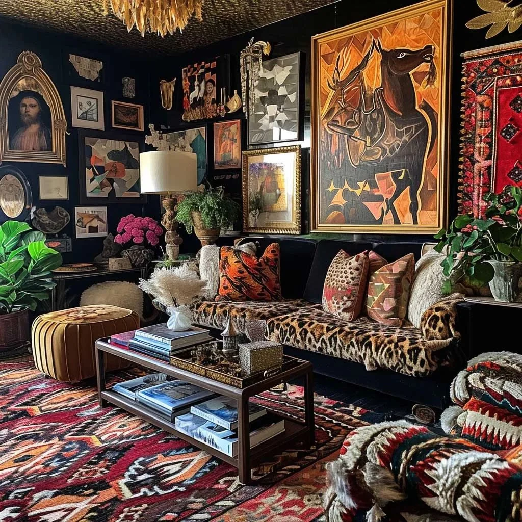 statement architectural gallery wall with colourful art on a dark wall
