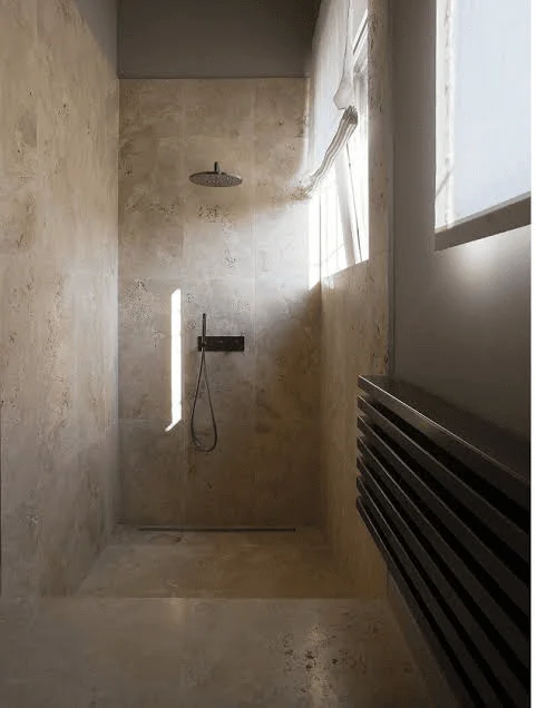 Stone Thresholds That Separate Wet And Dry Zones modern Tuscan style bathroom