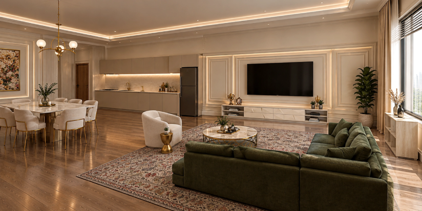 The Victorian Living open plan view showing dining area, wall panelled TV backdrop, green L sectional and kitchen with cream cabinetry across the entire volume