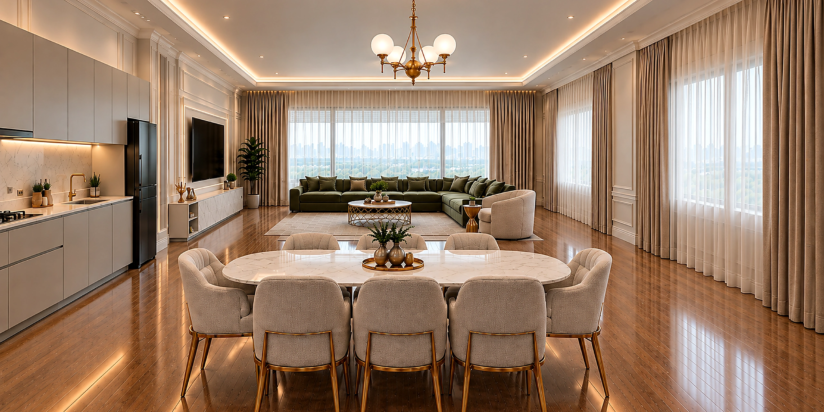 The Victorian Living dining foreground with cream boucle chairs, stone marble table with gold styling, wall panelled TV backdrop beyond and green L sectional visible