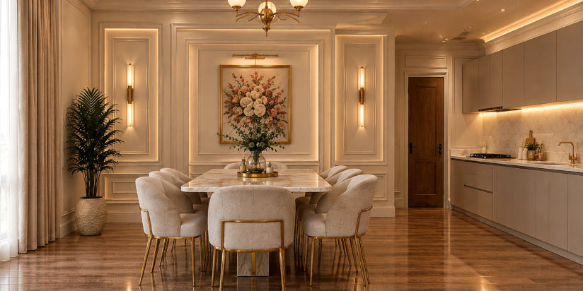 The Victorian Living dining area with stone marble dining table cream boucle chairs on gold legs against wall panelled niche with framed floral art layered brass chandelier and wall sconces alongside Barsha Heights Dubai