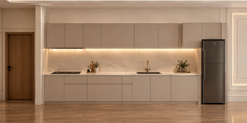 The Victorian Living kitchen with cream cabinetry marble backsplash carried across the working wall integrated task lighting stainless steel appliances and warm oak flooring throughout Barsha Heights Dubai