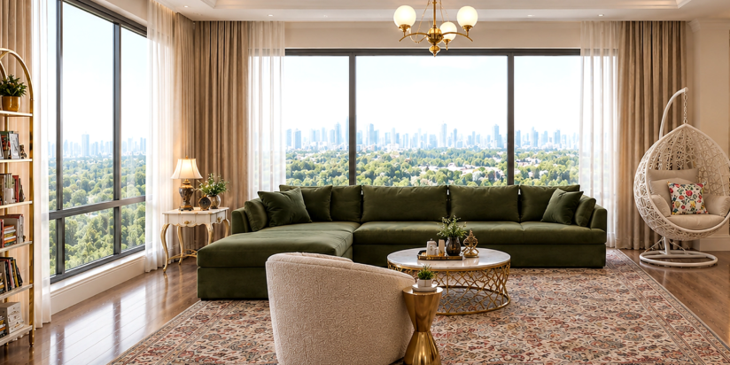 The Victorian Living panoramic view with olive green L sectional facing floor to ceiling window overlooking Dubai skyline, boucle accent chair, Persian rug and gold ball chandelier overhead