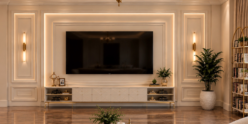 The Victorian Living TV wall close view with cream wall panelling recessed cove lit TV backdrop brass wall sconces gold chandelier overhead and marble console with styled objects