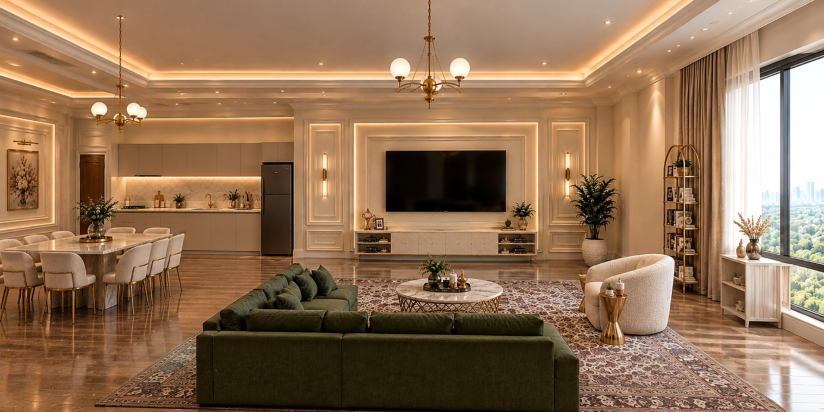 The Victorian Living wide angle showing L sectional with view of dining area and kitchen beyond, layered chandelier lighting, marble console and framed art composition