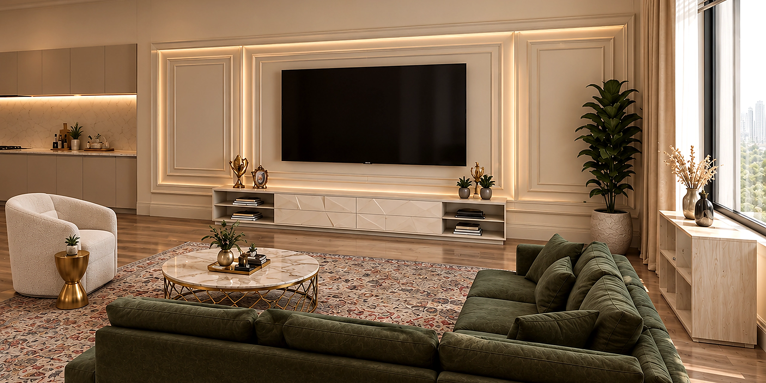 The Victorian Living living area with olive green velvet L shape sectional against panelled feature wall with recessed TV cove lighting sculptural boucle chair round marble coffee table and layered Persian rug Barsha Heights Dubai