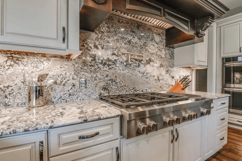 timeless kitchen with full height stone backsplash