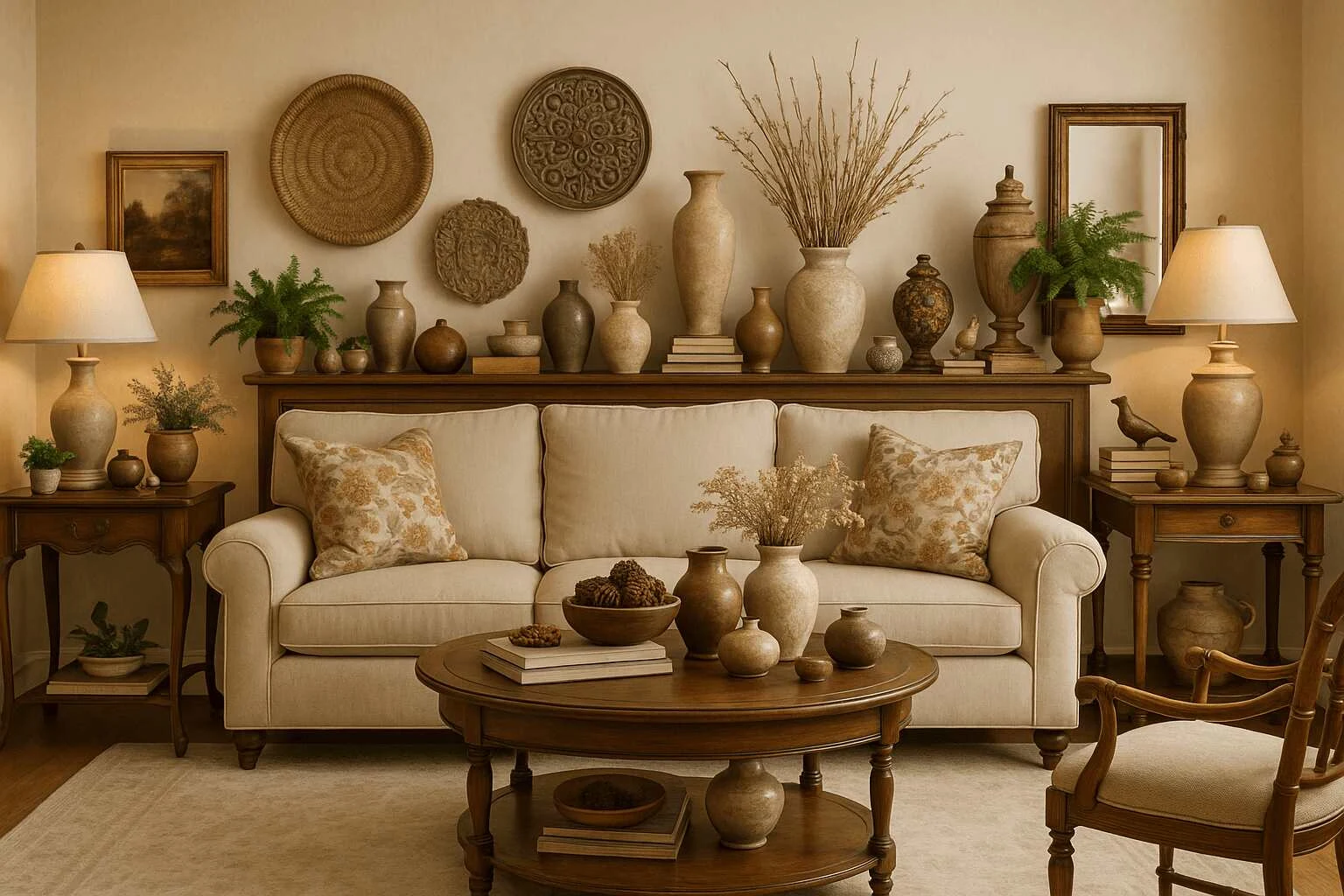 Traditional interior design regrets in a beige living room with excessive decorative vases.