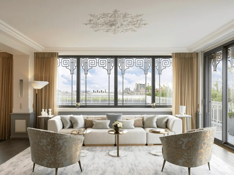 traditional, transitional, or modern classics style room with symmetry, carved furniture, molding, or rich fabrics