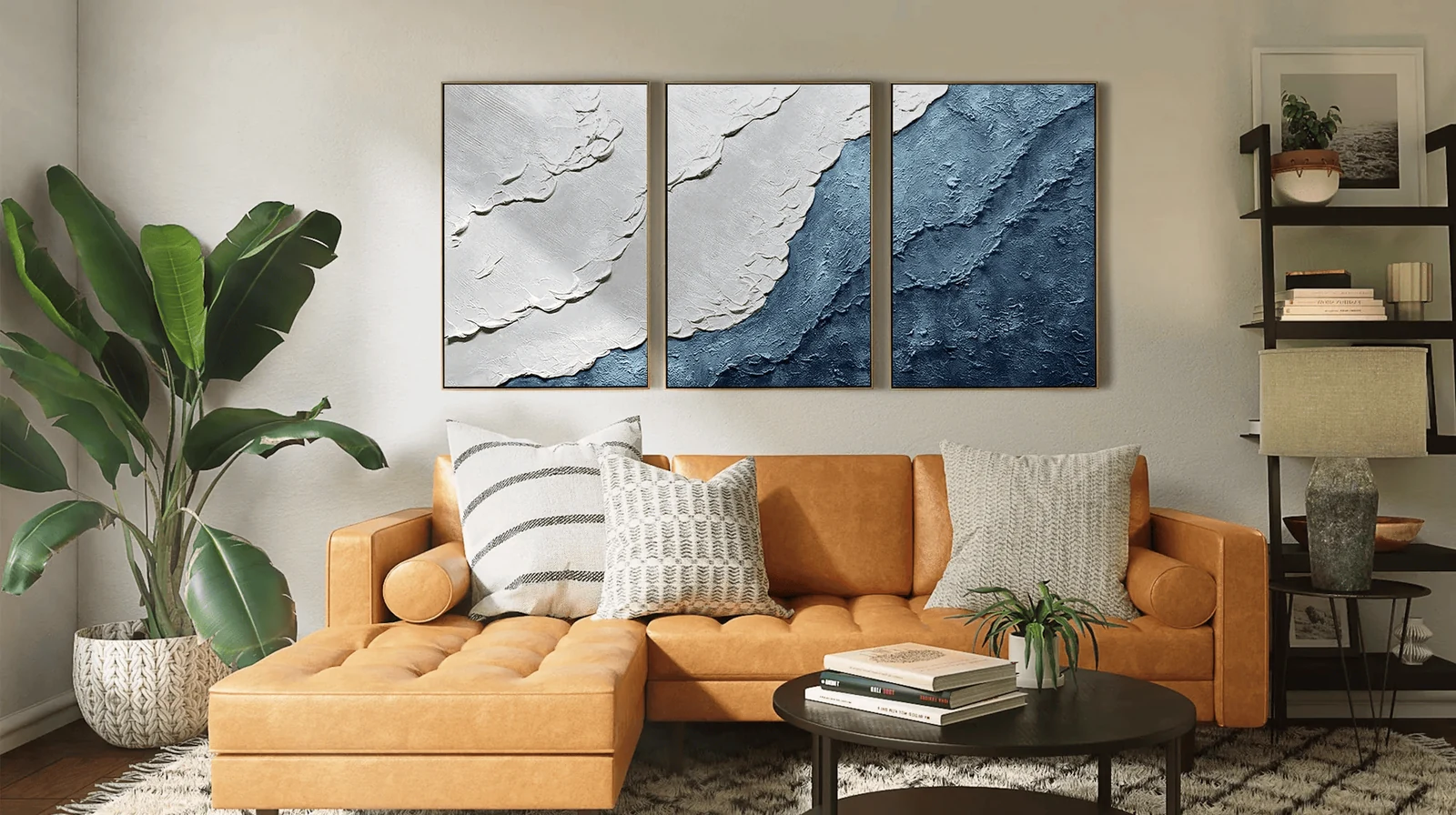 triptych gallery wall in a large living room above a sofa