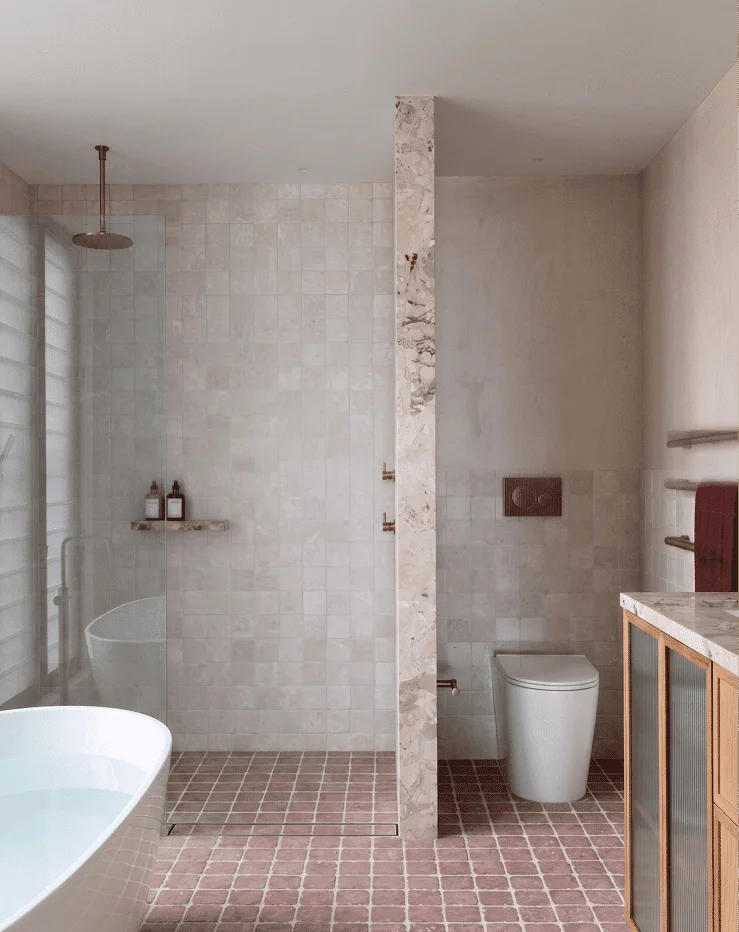 Tumbled Stone Floor Borders Tuscan bathroom design
